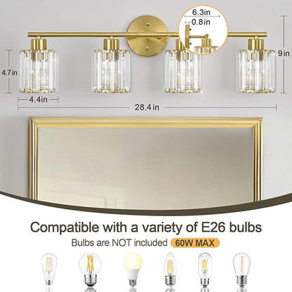 Crystal Bathroom Light Fixtures, Bathroom Lighting Fixtures Over Mirror, Modern 4-Light Gold Vanity Lights for Mirror, Restroom, Kitchen(Ceramic E26 Socket,Bulbs Not Include)