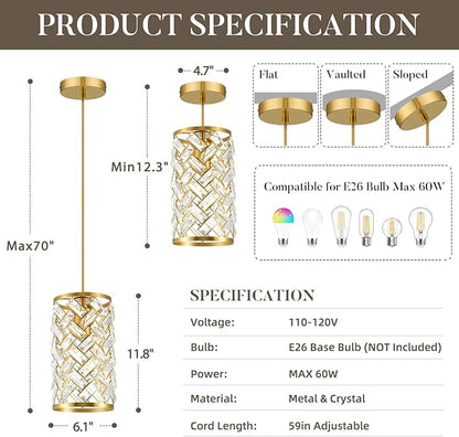 Gold Crystal Pendant Lights Kitchen Island, Modern Mini Chandelier, Adjustable Hanging Ceiling Light Fixture for Kitchen Dining Room Bedroom Foyer Bar (Gold, 1 Pack)