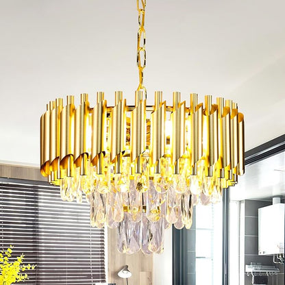 FRIXCHUR Gold Crystal Chandelier, 15.7" 3-Tier Raindrop Pendant Light, 5-Light E12 Modern Adjustable Ceiling Fixture for Dining Room Living Room Kitchen Island Foyer