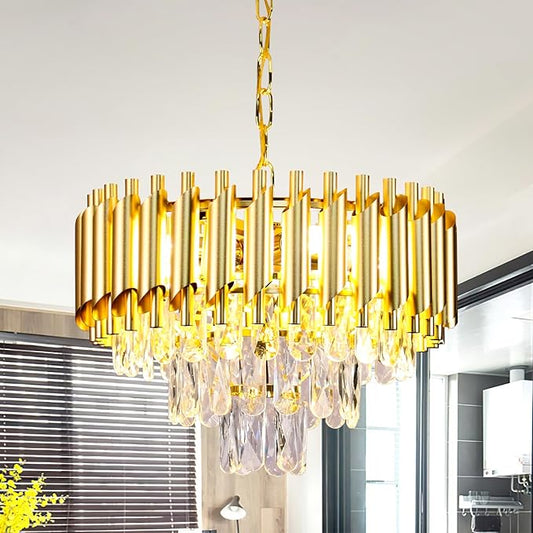 FRIXCHUR Gold Crystal Chandelier, 15.7" 3-Tier Raindrop Pendant Light, 5-Light E12 Modern Adjustable Ceiling Fixture for Dining Room Living Room Kitchen Island Foyer