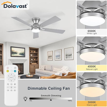 Ceiling Fans with Lights, 52 Inch Low Profile Ceiling Fan with Light and Remote Control, Flush Mount, Reversible, 3CCT, Dimmable LED, Quiet, Nickel Ceiling Fan for Bedroom, Living Room