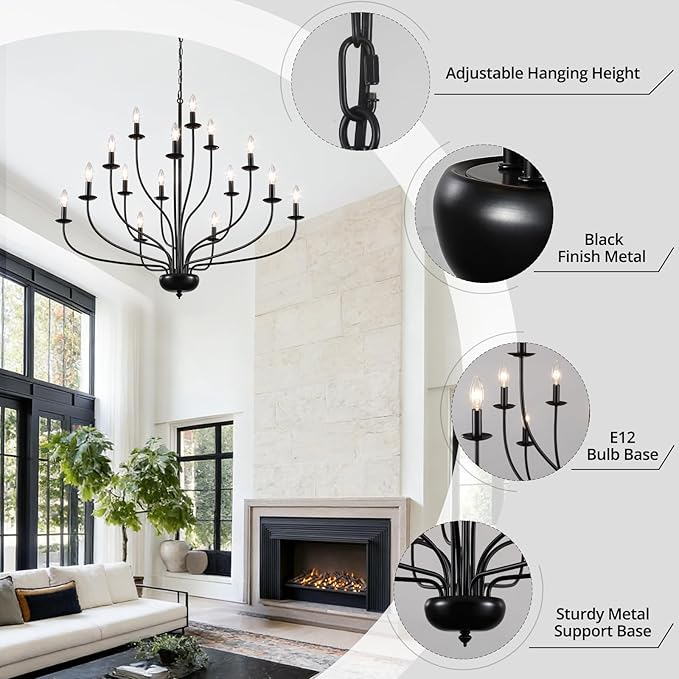 15-Light Black Farmhouse Chandelier, 39" Modern Farmhouse Dining Room Light Fixture for Hight Ceiling, Metal Vintage Entryway Chandelier for Foyer Hallway Entryway Living Room Kitchen E12