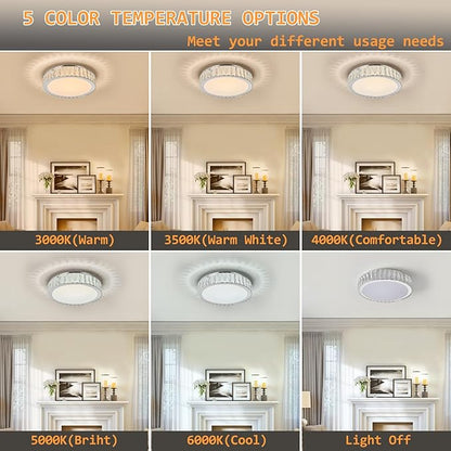 Dimmable Modern LED Crystal Flush Mount Ceiling Light Fixture,Luxury Chrome Round Lighting Fixtures,15 Inch 36W 5CCT 3000K-6000K Large Bedroom Chandelier for Hallway Kitchen Living Room