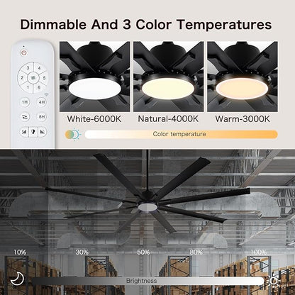 84 Inch Industrial Ceiling Fans with Light,Large Ceiling Fan with Modern 8 Aluminum Blades,Compatible with Alexa,Noiseless DC Motor,Black Outdoor Fan for Garage or Pool area