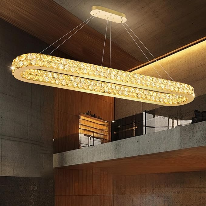59'' Modern Oval Chandelier Crystal Chandeliers for Dining Room Round Ceiling Light Fixture for Living Room Lighting LED Dimmable with Remote Ring Lights Gold