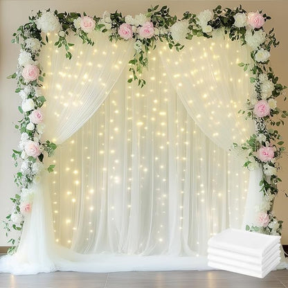 Fomcet Tulle Curtains with Lights String Ivory 20FT X 10FT Sheer Backdrop Curtains for Parties Wedding Baby Shower Photo Shoot Decorations (4 Panels 5x10FT)