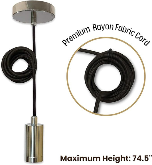 Royal Designs, Inc. Hanging Pendant Lighting Keyless Cylinder-Shaped Pendant Light Socket and Canopy, Polished Nickel Finish with Black Rayon Fabric Cord