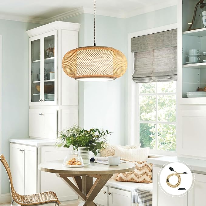 Boho Wabi-Sabi Bamboo Pendant Light, Plug-in Hanging Lamp with 16.7ft Twisted Cord & Switch, Handwoven Rattan Ceiling Fixture for Dining Room, Teahouse, Kitchen Island, Bedroom (40cm（Plug in）)