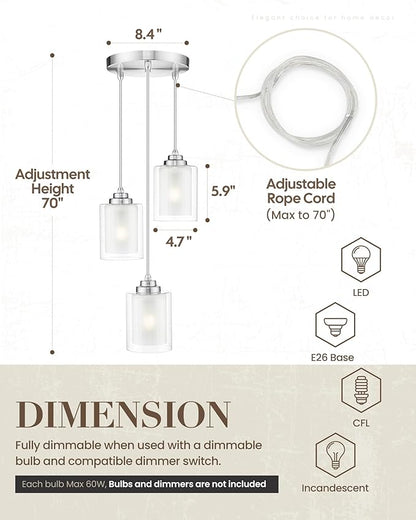 TENGXIN 3 Light Pendant Lights, Kitchen Island, Bedroom Modern Farmhouse Pendant with Dual Glass Shade, Brushed Nickel