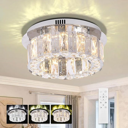 11.8" Dimmable Crystal Chandelier Modern LED Flush Mount Mini Ceiling Light Fixtures with Remote Control Crystal Round Chandeliers Light for Hallway Bedroom Kitchen