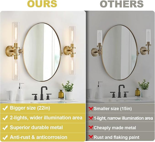 Wall Sconces Set of Two, Hardwired Brushed Gold Bathroom Sconces Wall Lighting with Clear Glass, Modern Sconces Wall Decor Set of 2 Bathroom Light fixtures for Mirror Hallway (Bulbs Not Included)