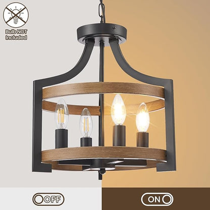 HOXIYA Farmhouse Chandelier, Convertible Semi Flush Mount Ceiling Light, 4 Light Modern Hanging Pendant Lighting, Black and Faux Wood Pendant Light Fixture for Dining Room Kitchen Hallway Bedroom