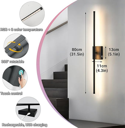 31.5 inch Battery Operated Wall Sconce Set Of 2, 10000mAh Rechargeable Wall Light With Remote Control, RGB Dimmable Wireless Sconces Wall Decor For Bedroom Living room Hallway, 360°Rotate, Black
