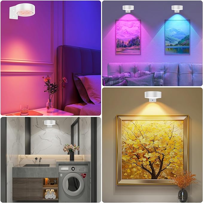RGB Picture Light Battery Operated Painting Lights for Wall Wireless Magnetic Display Art Light with Remote Controls,Dimmable&Timer for Art Frame Artworking,3Pack White