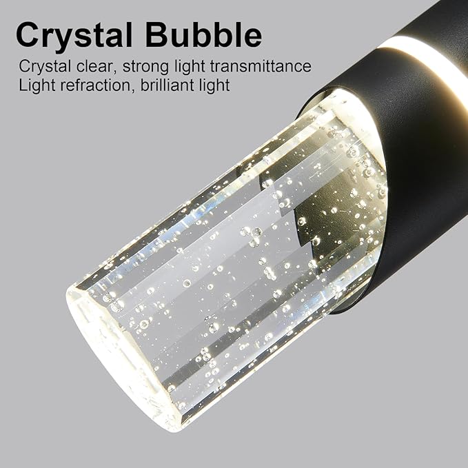 Modern Black Crystal Pendant Ceiling Lamp - 3-Light 36Waht Pendant Light Fixtures - Dimmable Hanging Chandelier Lighting for Dining Room Bedroom - Stylish Kitchen Island Light Fixture