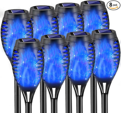 Blue Solar Lights, Halloween Decorations Outdoor 8 Pack Solar Torch Lights with Flickering Flame, 12 LED Mini Tiki Torches Waterproof for Landscape Pathway Dusk to Dawn Auto On/Off