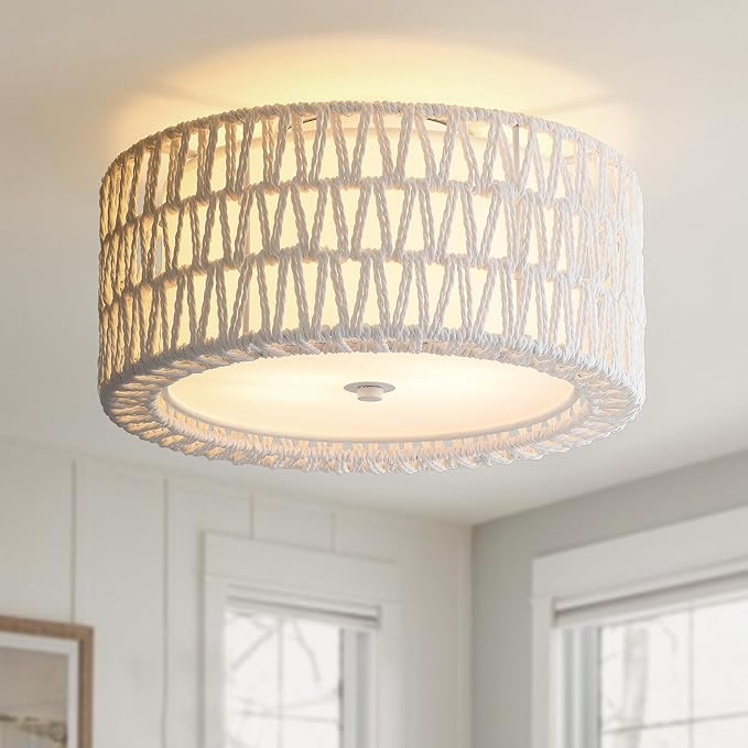 Boho Rattan Ceiling Light Fixtures 2-Light White Flush Mount Ceiling Light, 12.6" Coastal Light Fixture Close to Ceiling Light for Bedroom Nursery Foyer Hallway Entryway Kids Room