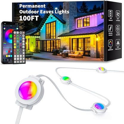 100FT Permanent Outdoor Lights, Smart RGB Eaves Lights with App/Remote Control, LED IP67 Waterproof Outdoor Lighting for Halloween Christmas Holidays Daily Party House Roof Lighting (100FT)