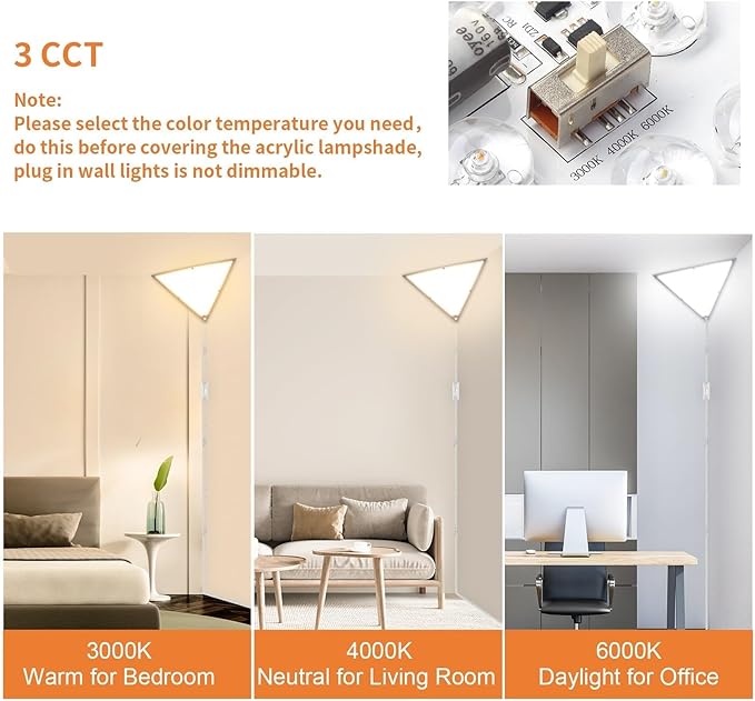 Upgraded Corner Light, LED 20W 2000LM Corner Lights for Living Room, Plug-in Ceiling Lights with 10 FT Cord, 3000/4000/6000K Triangle Corners Lights for Bedroom, Kids Room, Office