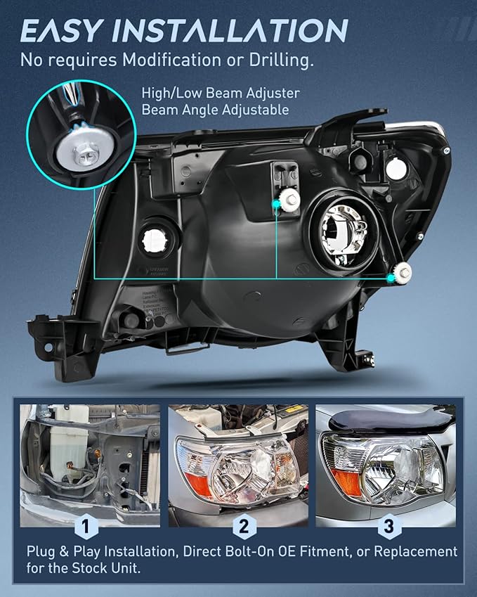 Nilight Headlight Assembly for 2005 2006 2007 2008 2009 2010 2011 Toyota Tacoma Replacement Headlamp Chrome Housing Amber Reflector