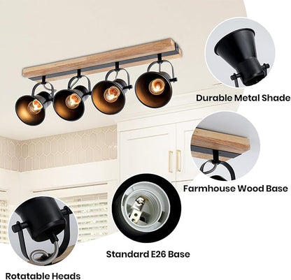 4-Lights Rustic Flush Mount Ceiling Light, Industrial Track Lighting Fixture, Rotatable Kitchen Track Lighting with Wood Base for Sink Dining Room, Living Room