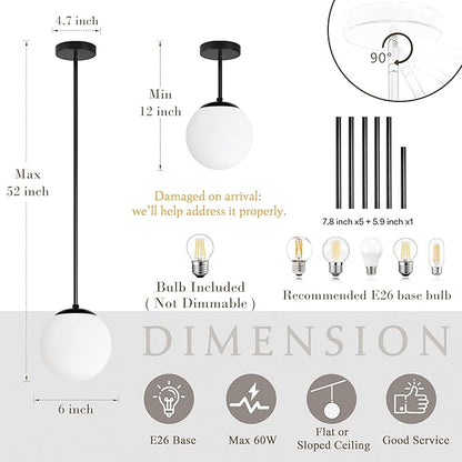 Bagood 6 Inch Globe Pendant Light Black Mid Century Modern Globe Light Fixture Mid Century Milk Glass Pendant Lamp Matte Black Finished with Milk Glass Lampshade for Kitchen Island