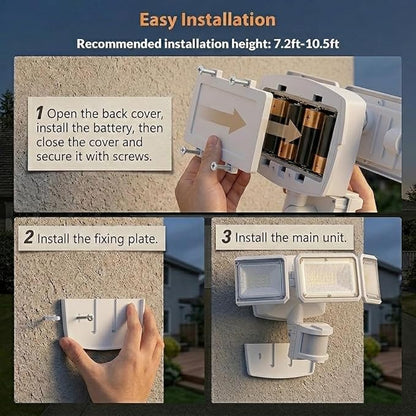 LEPOWER Battery Powered LED Flood Light Outdoor,1500LM Motion Sensor Security Lights, IP65 Waterproof,Wireless Flood Light Battery Operated,3 Head Motion Detector Light for Garage,Yard,Porch(White)