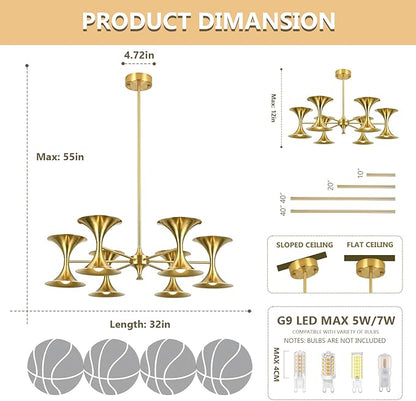 12-Lights Brass Gold Chandelier,Modern Industrial Dining Room Chandelier Lighting Fixture, Farmhouse Metal Ceiling Light for Kitchen Island Bedroom Living Room Hallway