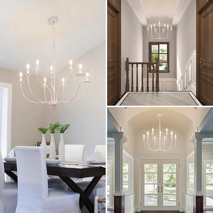 French Country Chandelier, 9-Light Antique White Farmhouse Chandelier, 2-Tier Candle Modern Farmhouse Chandeliers for Dining Room Living Room Bedroom Foyer