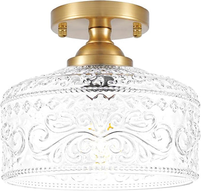 Gold Semi Flush Mount Ceiling Light, Antique Brass Ceiling Light with Glass, Indoor Close to Ceiling Light Fixture, Entryway Light Fixtures, Overhead Lighting for Hallway Kitchen Bedroom Dining Room