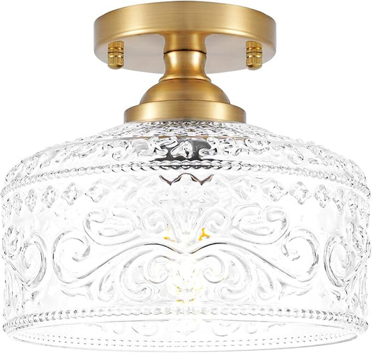 Gold Semi Flush Mount Ceiling Light, Antique Brass Ceiling Light with Glass, Indoor Close to Ceiling Light Fixture, Entryway Light Fixtures, Overhead Lighting for Hallway Kitchen Bedroom Dining Room