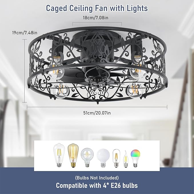 Garwarm Caged Ceiling Fan with Light,20" Ceiling Fans with Lights and Remote,Flush Mount Bladeless Fandelier,Small Low Profile Ceiling Fan for Bedroom,Kitchen,Dining Room,Black
