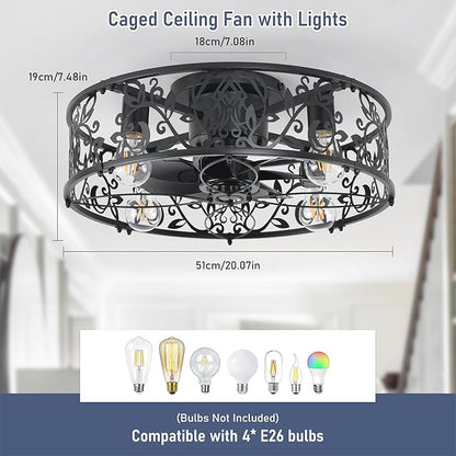 Garwarm Caged Ceiling Fan with Light,20" Ceiling Fans with Lights and Remote,Flush Mount Bladeless Fandelier,Small Low Profile Ceiling Fan for Bedroom,Kitchen,Dining Room,Black