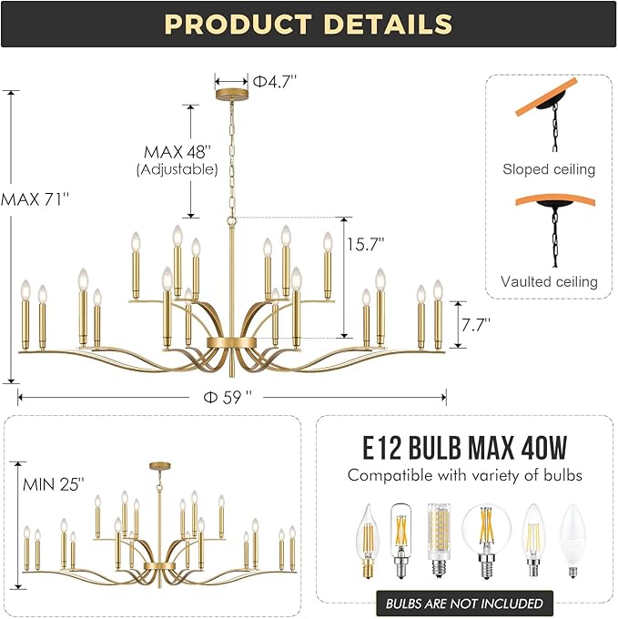 18 Light Gold Living Room Chandelier High Ceiling Foyer Candle Chandelier Large Modern Brass 59in Metal Chandeliers Hanging Light for Master Bedroom Dining Room Light Fixture Over Table