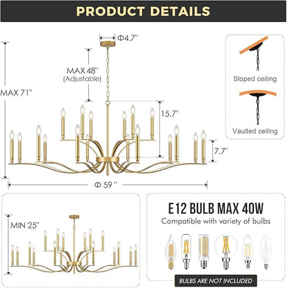 18 Light Gold Living Room Chandelier High Ceiling Foyer Candle Chandelier Large Modern Brass 59in Metal Chandeliers Hanging Light for Master Bedroom Dining Room Light Fixture Over Table