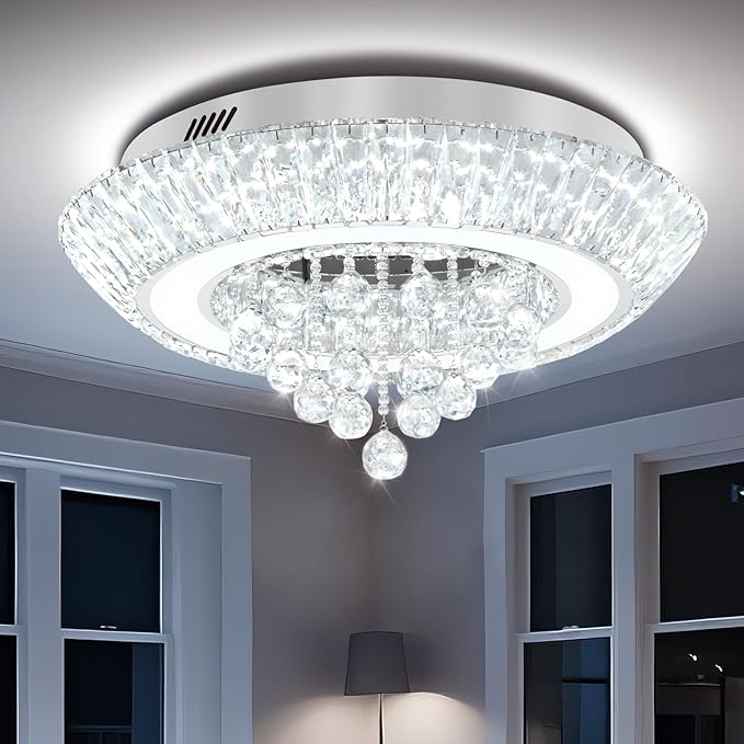 Modern Led Crystal Chandelier for Living Room Crystal Raindrop Chandeliers for Dining Room, Bedroom 24in Silver Flush Mount Chandelier Ceiling Light with Remote