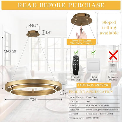 LED Ring Chandelier Brass Gold Chandelier Dimmable Round Foyer Chandeliers Light Modern Circular Chandeliers for Dining Room Entry Bedroom Office Living Room, 24in