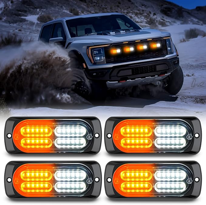 Nilight 4PCS 24LED Emergency Strobe lights 12V 24V Amber White Surface Mount Grille Hazard Safety Warning Lights Sync Feature Side Flashing Marker Flash for Car Truck Campers
