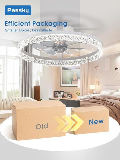 Passky 20” Low Profile Ceiling Fan with Lights and Remote, Dimmable LED Flush Mount Fandelier, 6 Speeds, 3000K–6000K, White Modern Ceiling Fan for Bedroom, Kitchen, Living Room