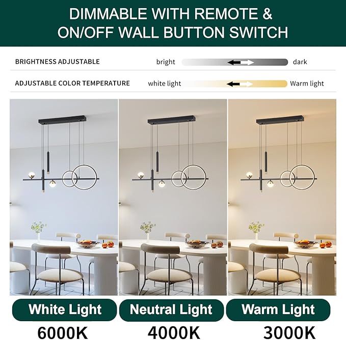 ORANOOR LED Modern Chandeliers for Dining Room, Dimmable Black Gold Chandelier Kitchen Pendant Lighting Over Island, Linear Ring Globe Pendant Light Fixtures Dining Room Lights Ceiling Hanging