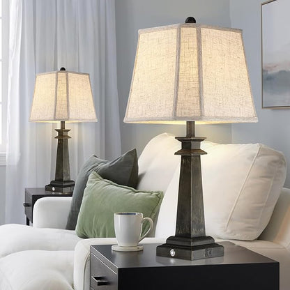 27.5" Table Lamps Set of 2, 3-Way Dimmable Touch Lamps for Nightstand, Farmhouse Table Lamp for Living Room and Bedroom with USB A+C Charging Ports, Bulbs Included (Black)