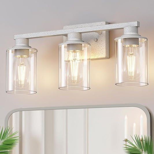 DORESshop 17 Inch Bathroom Light Fixtures, 3-Light Vintage Ivory Bathroom Lighting Fixtures Over Mirror with Clear Glass Shade, Vanity Lights for Living Room Bedroom