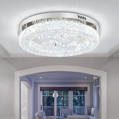 24'' Silver Modern Crystal Chandelier LED Dimmable Flush Mount Crystal Ceiling Light for Living Room Bedroom Dining Room