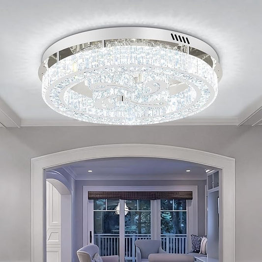 24'' Silver Modern Crystal Chandelier LED Dimmable Flush Mount Crystal Ceiling Light for Living Room Bedroom Dining Room