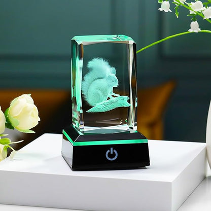 YWHL 3D Crystal Squirrel Figurine with Colorful Light Base, Laser Engraved Squirrel Gifts for Women Men on Birthday Christmas, Animal Figurine Collection for Home Decor