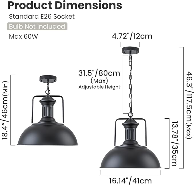 Industrial Dome Pendant Light Fixture, Farmhouse Barn Hanging Ceiling Lighting for Kitchen Island, Dining Room, Matte Black Metal