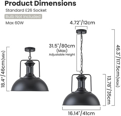 Industrial Dome Pendant Light Fixture, Farmhouse Barn Hanging Ceiling Lighting for Kitchen Island, Dining Room, Matte Black Metal