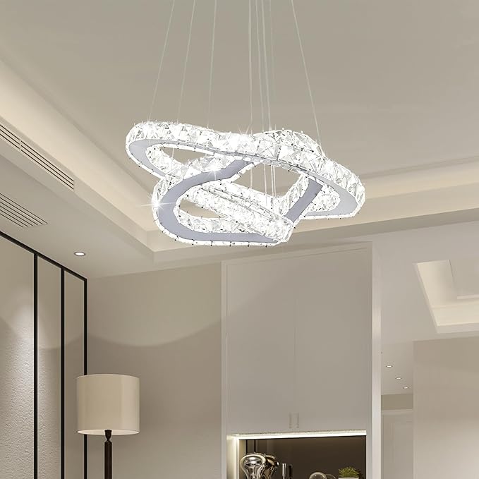 Crystal Chandeliers Modern LED 3 Ring Chandelier Adjustable Ceiling Light Fixtures Pendant Lighting Stainless Steel Hanging Lights for Living Room Dining Room Bathroom Bedroom, Cold White (Heart)