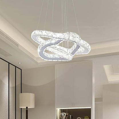 Crystal Chandeliers Modern LED 3 Ring Chandelier Adjustable Ceiling Light Fixtures Pendant Lighting Stainless Steel Hanging Lights for Living Room Dining Room Bathroom Bedroom, Cold White (Heart)