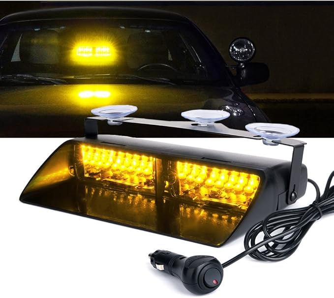 Xprite Amber LED Emergency Dash Strobe Light, Interior Windshield Safety Warning Traffic Lights w/Suction Cups, 12V Windshield Visor Light Bar for Construction Trucks Snow Plows Postal Security Cars